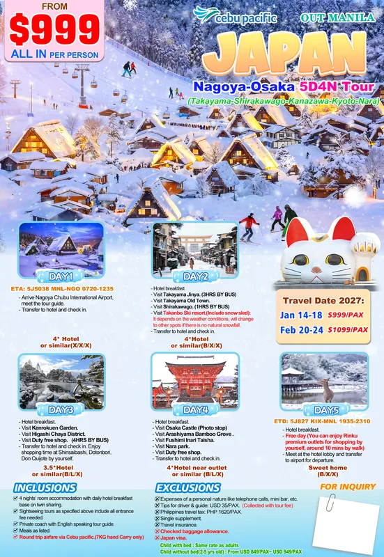 Nagoya – Takayama – Shirakawa-go – Osaka 5D4N Winter Tour itinerary poster