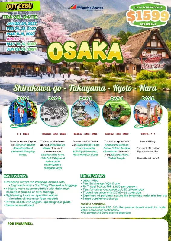 Osaka – Takayama – Shirakawa-go – Kyoto – Nara 5D4N Tour itinerary poster