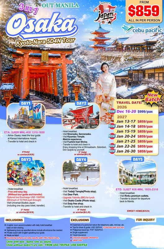 Osaka – Kyoto – Nara 5D4N Tour itinerary poster