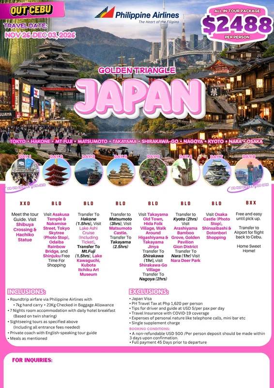 Tokyo – Mt. Fuji – Hakone – Matsumoto – Shirakawa-go – Osaka 8D7N Tour itinerary poster