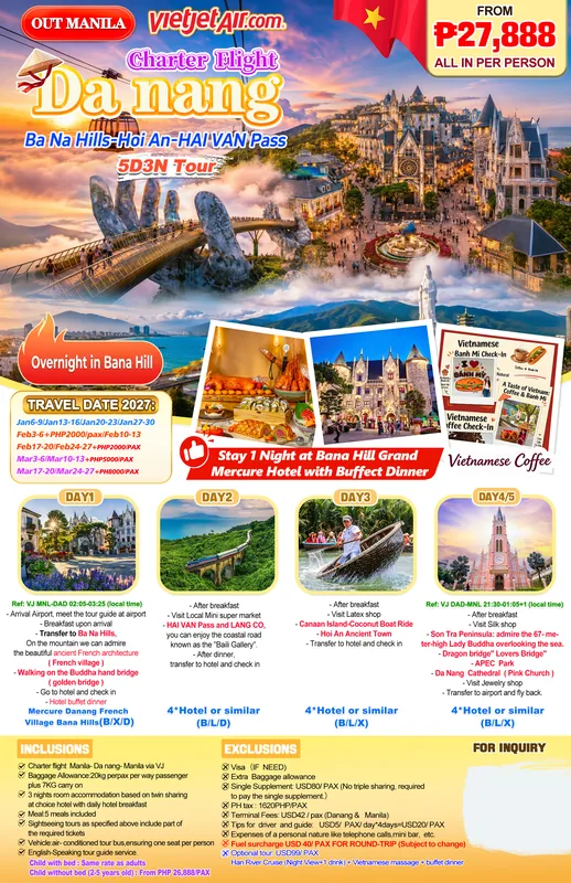 Da Nang Charter Flight 5D3N Tour with Ba Na Hills Overnight Stay itinerary poster