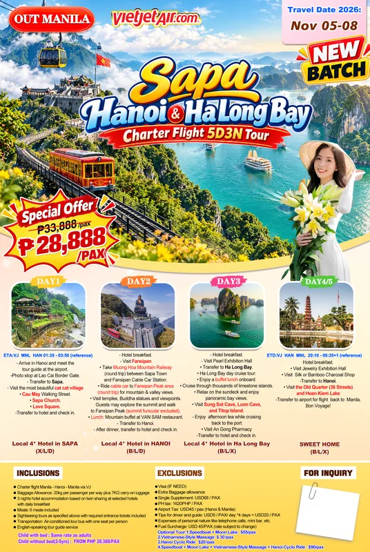Sapa – Hanoi – Ha Long Bay Charter Flight 5D3N Tour (with Shopping Stops) itinerary poster
