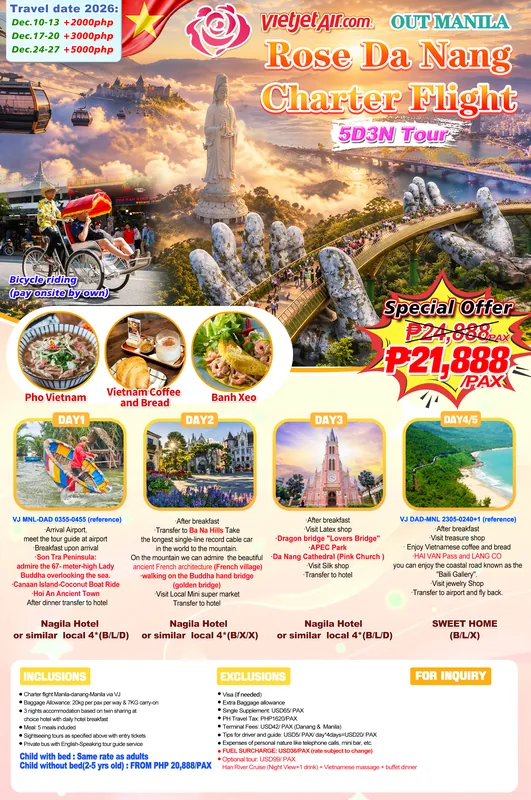 Da Nang Charter Flight 5D3N Tour (Nagila Hotel) itinerary poster